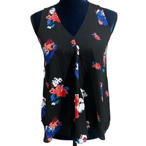 Vince Camuto Petite Black Floral V-Neck Pullover Flowy Blouse Top size XS
